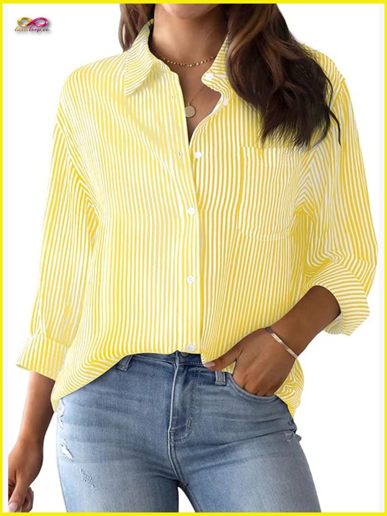 Striped Button Down Blouse Classic Oversized Fit Long Sleeve Office Work Top